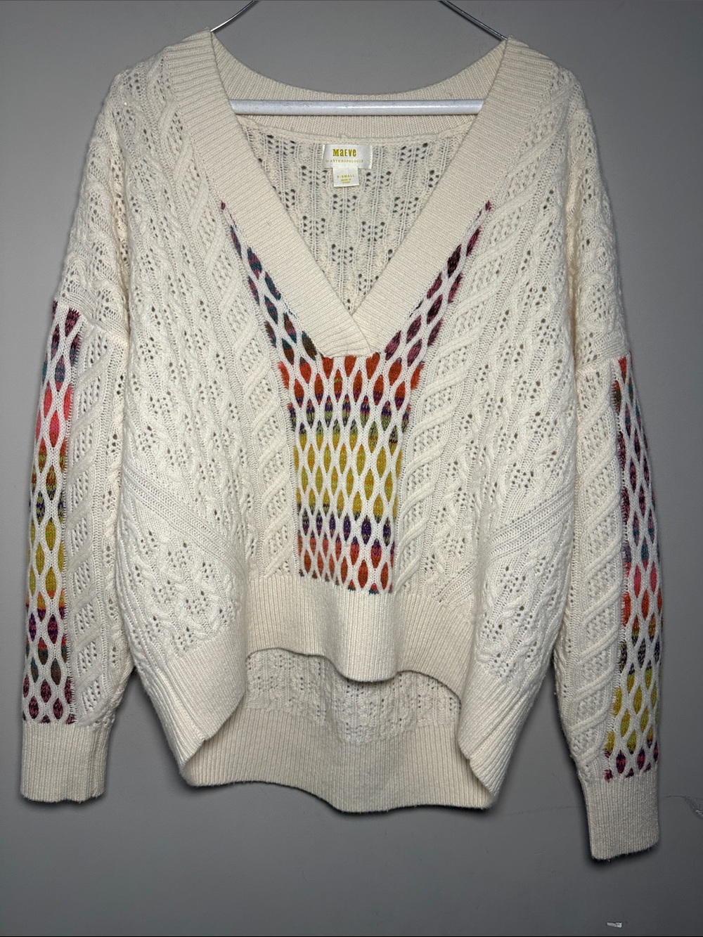 Maeve by Anthropologie V-Neck Cable knit with rainbow Open-Knit wool sweaters